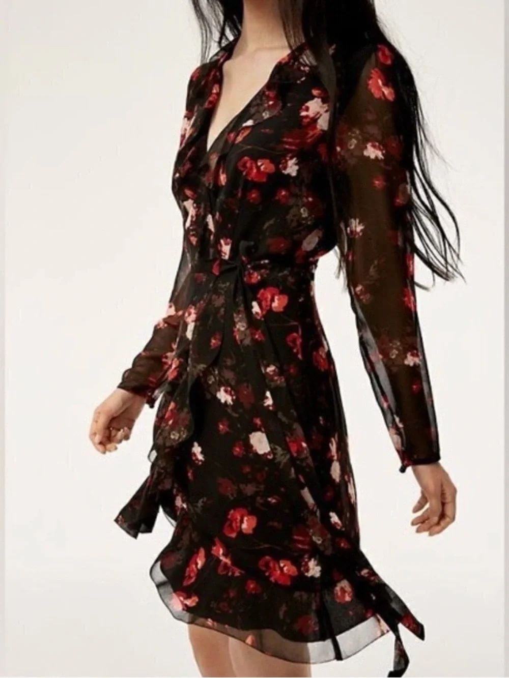 Aritzia Wilfred Louise Black and red Floral Ruffle Wrap Dress, size XS boho chic